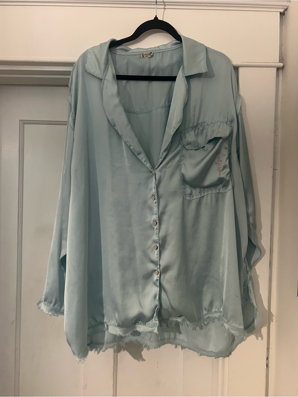 Earth Light Blue Satin Button-Down Blouse and Shorts